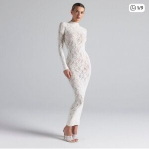 SKIMS Knit Lace Turtleneck Long Dress in Snow Ivory Sheer Maxi Size 2X/3X NWT
